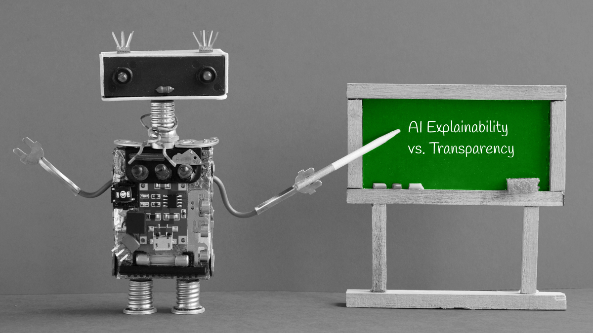 AI Robot pointing at a green blackboard written on it AI Explainability vs Transparency