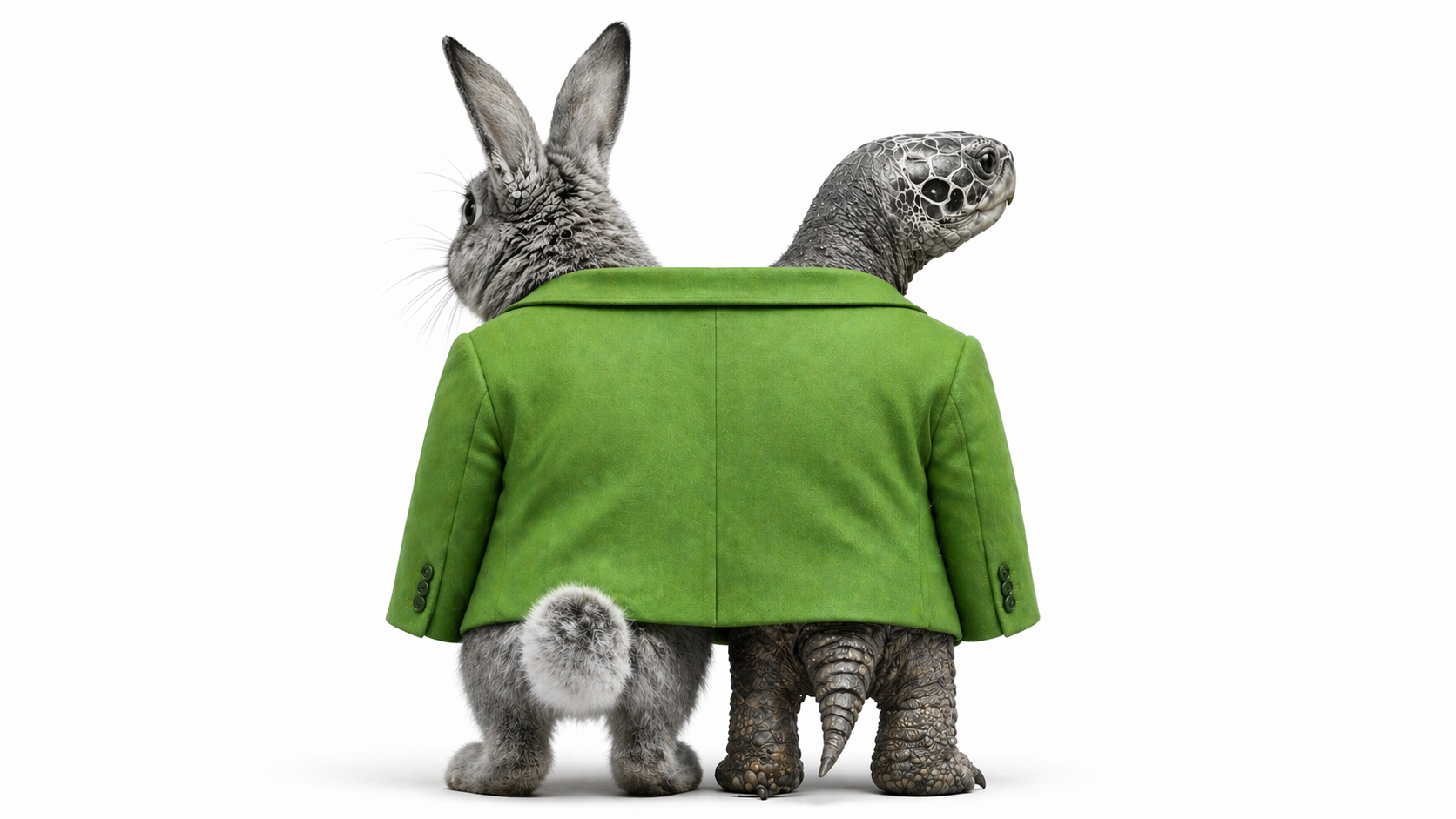 A rabbit and a turtle in one green blazer representing Fraud & AML suddenly forced to work in one platform