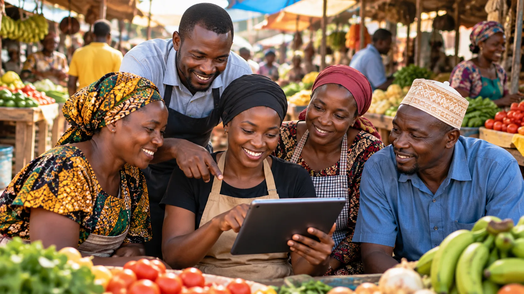 Five community members gathered at a market, smiling as they use a tablet together.
