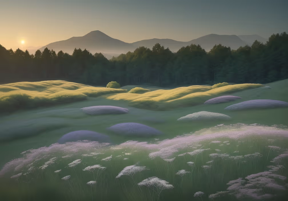 Dawn meadow with stepping stones symbolizing beginner no-code learning path