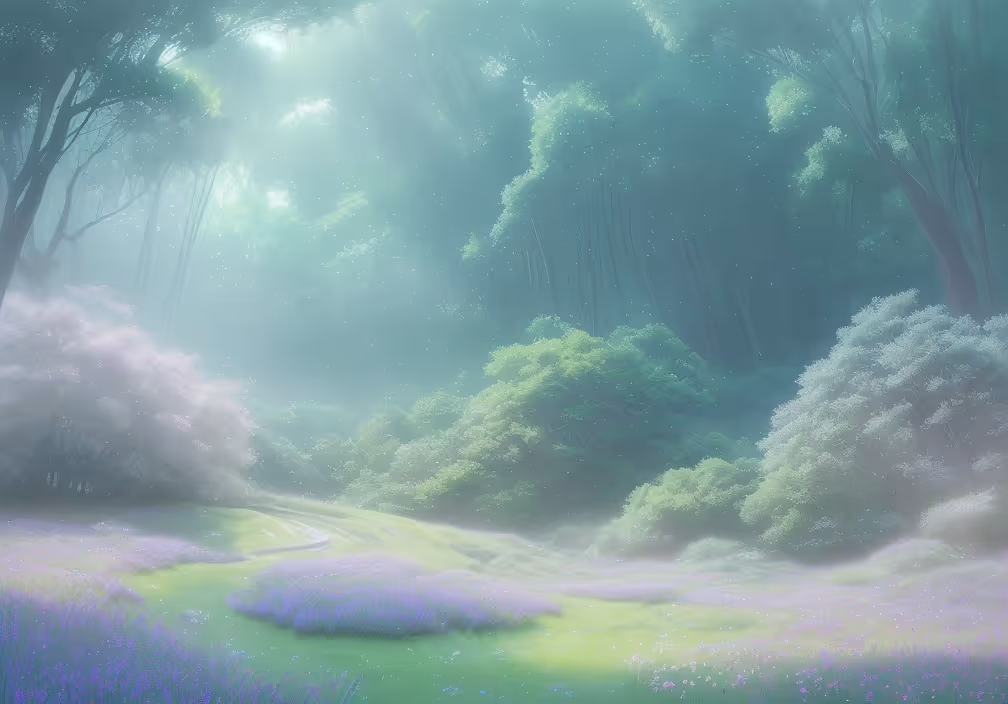 Purple misty forest clearing representing AI and intuitive UX harmony