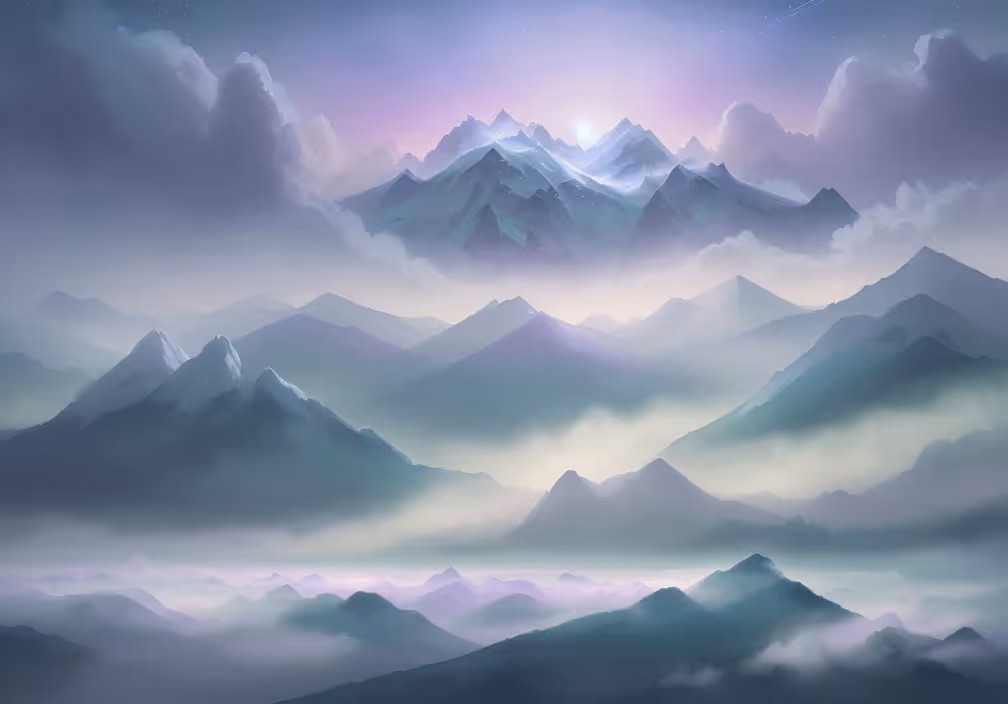 Translucent goats drift through peaks where tech and nature dance with auroral ribbons.