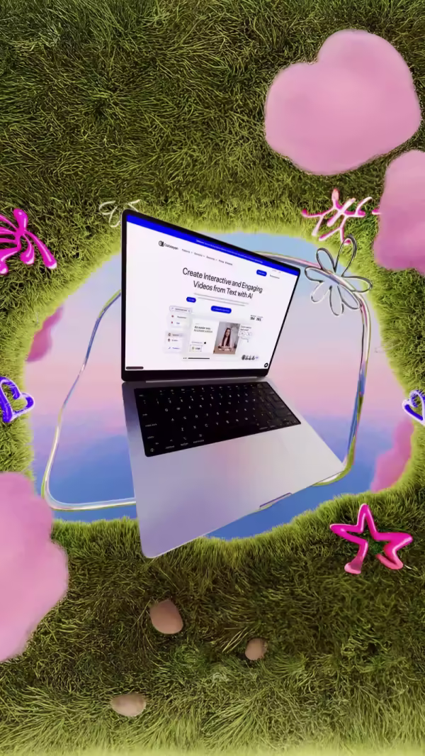 MacBook showing Colossyan AI video generator on holographic surface with pink decor and grass.