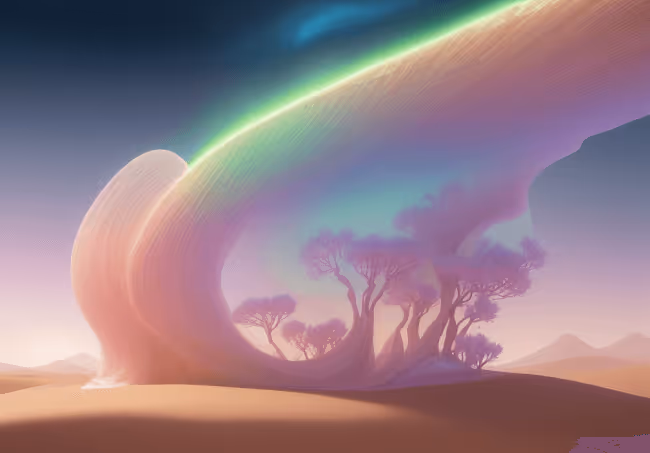 Surreal floating rings over desert symbolizing digital automation revolution