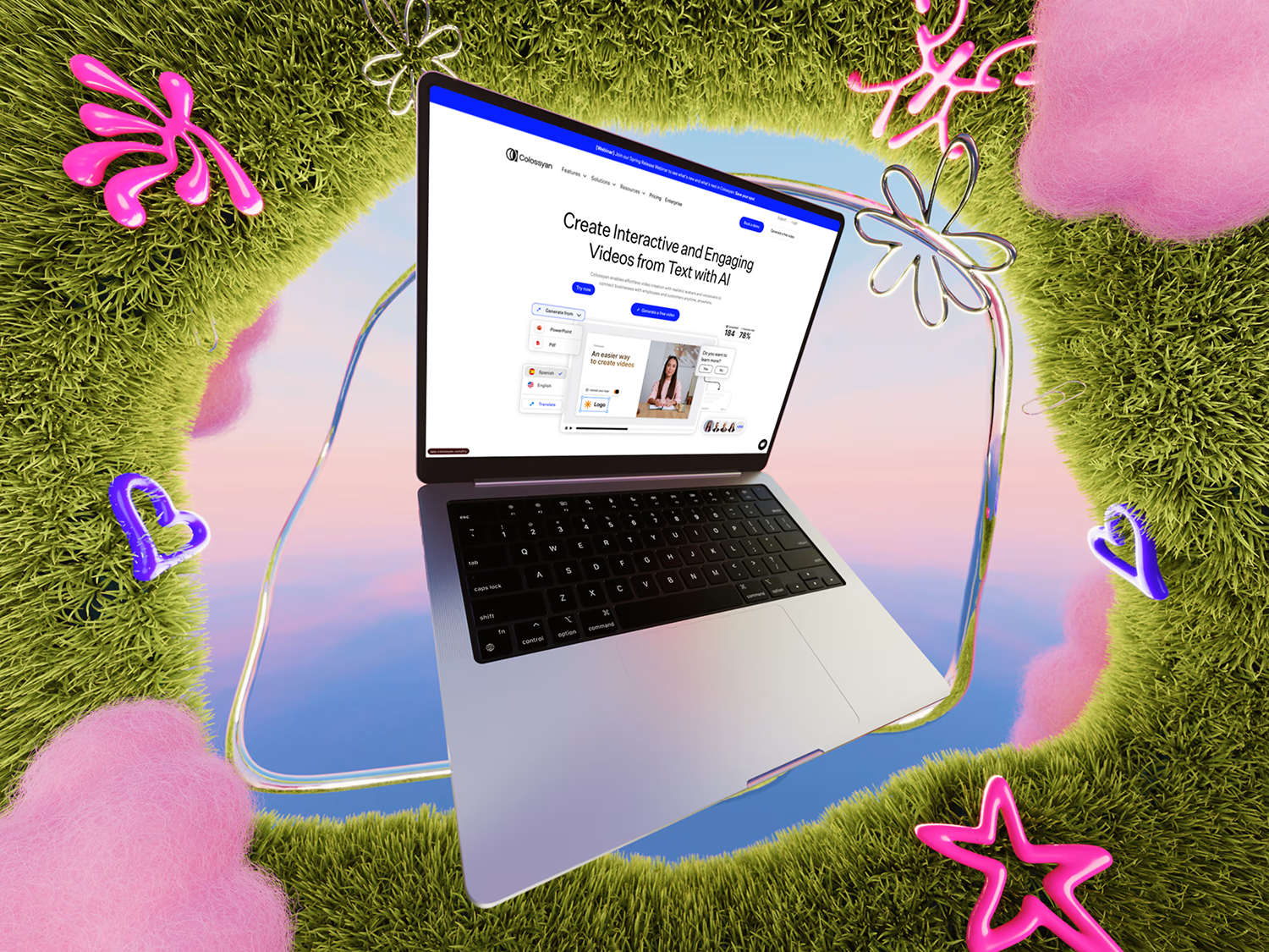 MacBook showing Colossyan AI video generator on holographic surface with pink decor and grass.