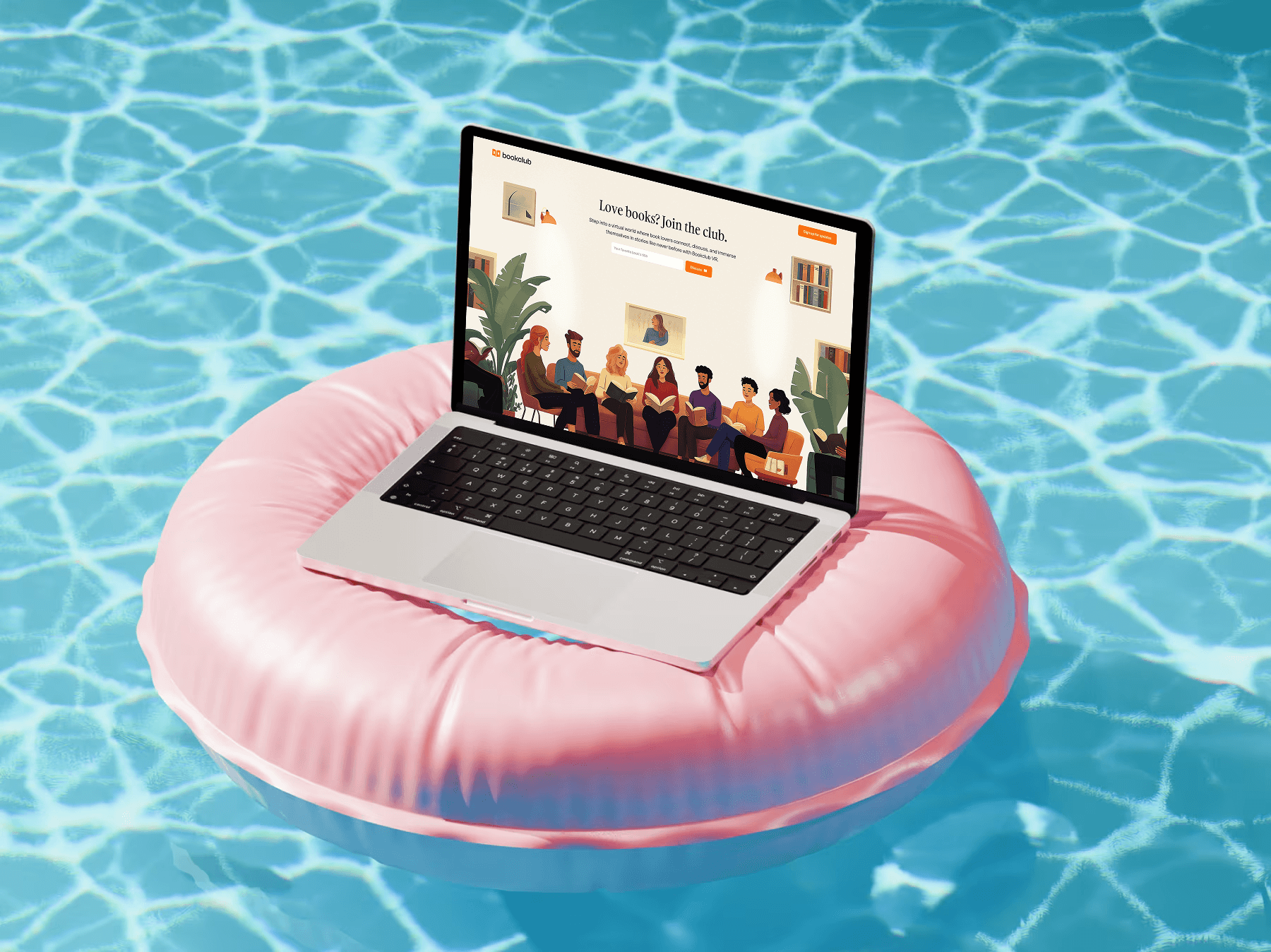 MacBook displaying BookclubVR website on a pink pool float in clear blue water, highlighting immersive web design presentation