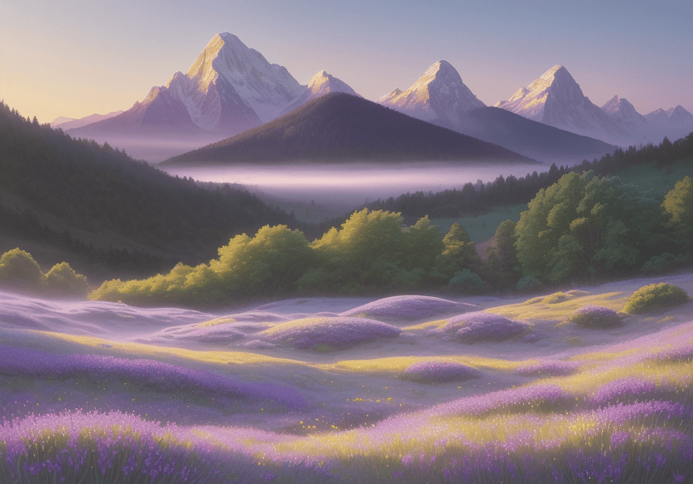 Serene alpine landscape symbolizing AI's potential: transformative tech blooming like wildflowers, promising innovation with gentle, hopeful elegance