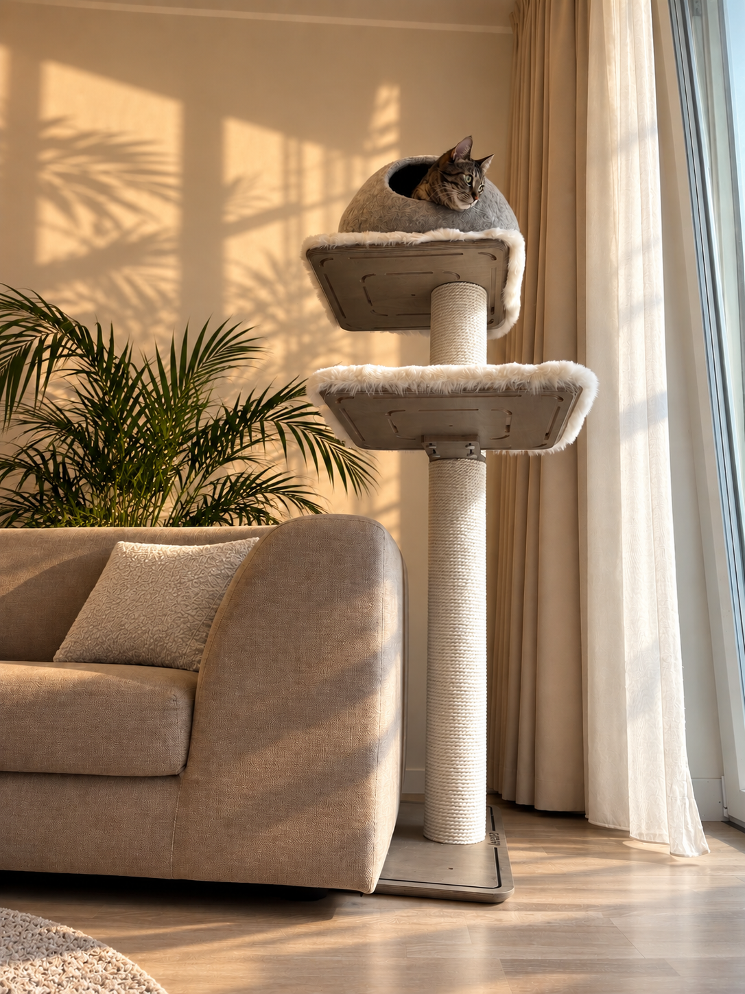 A multi-level Kikska cat tree in a white room