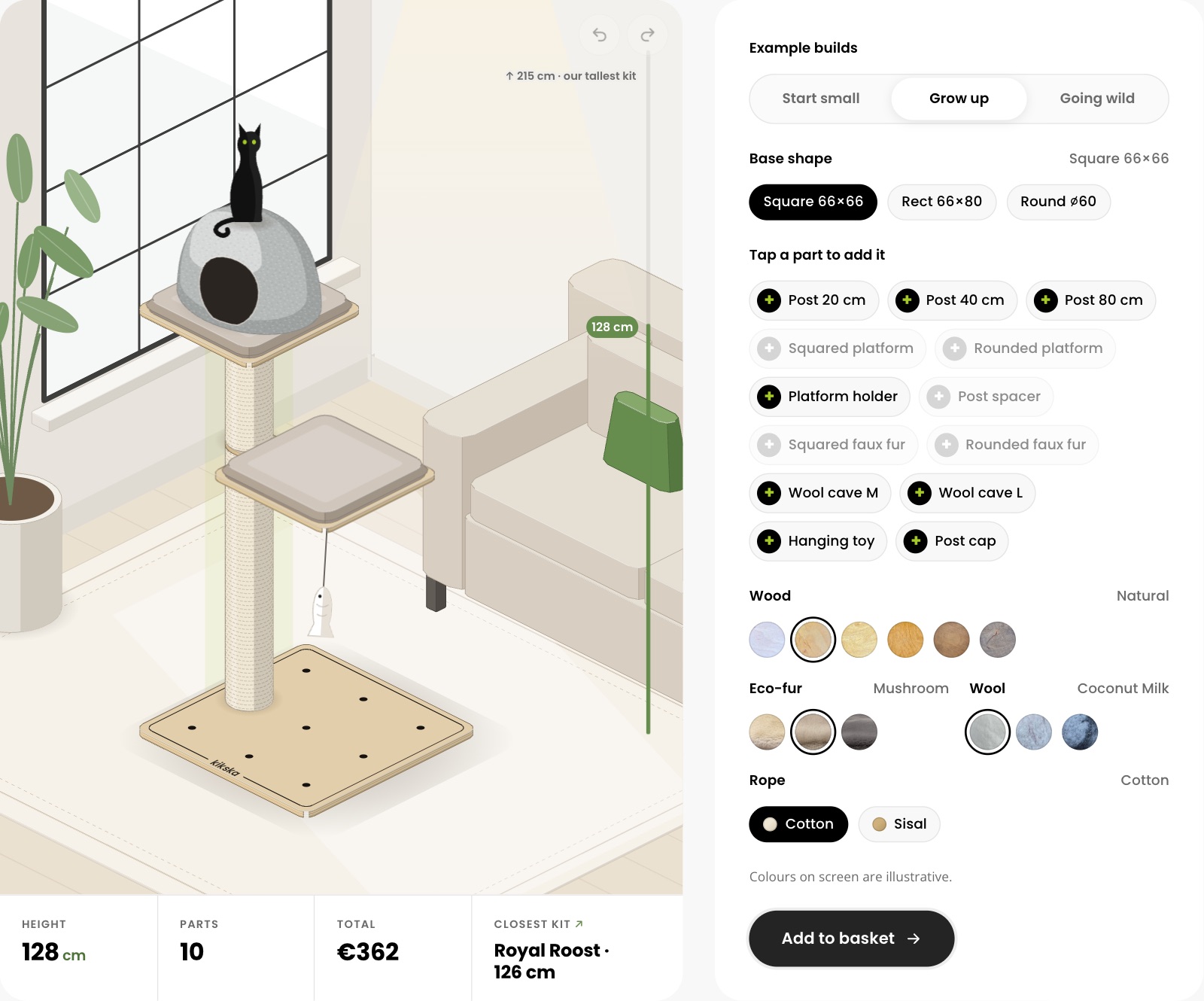 The Kikska cat tree configurator with a custom tree drawn to scale