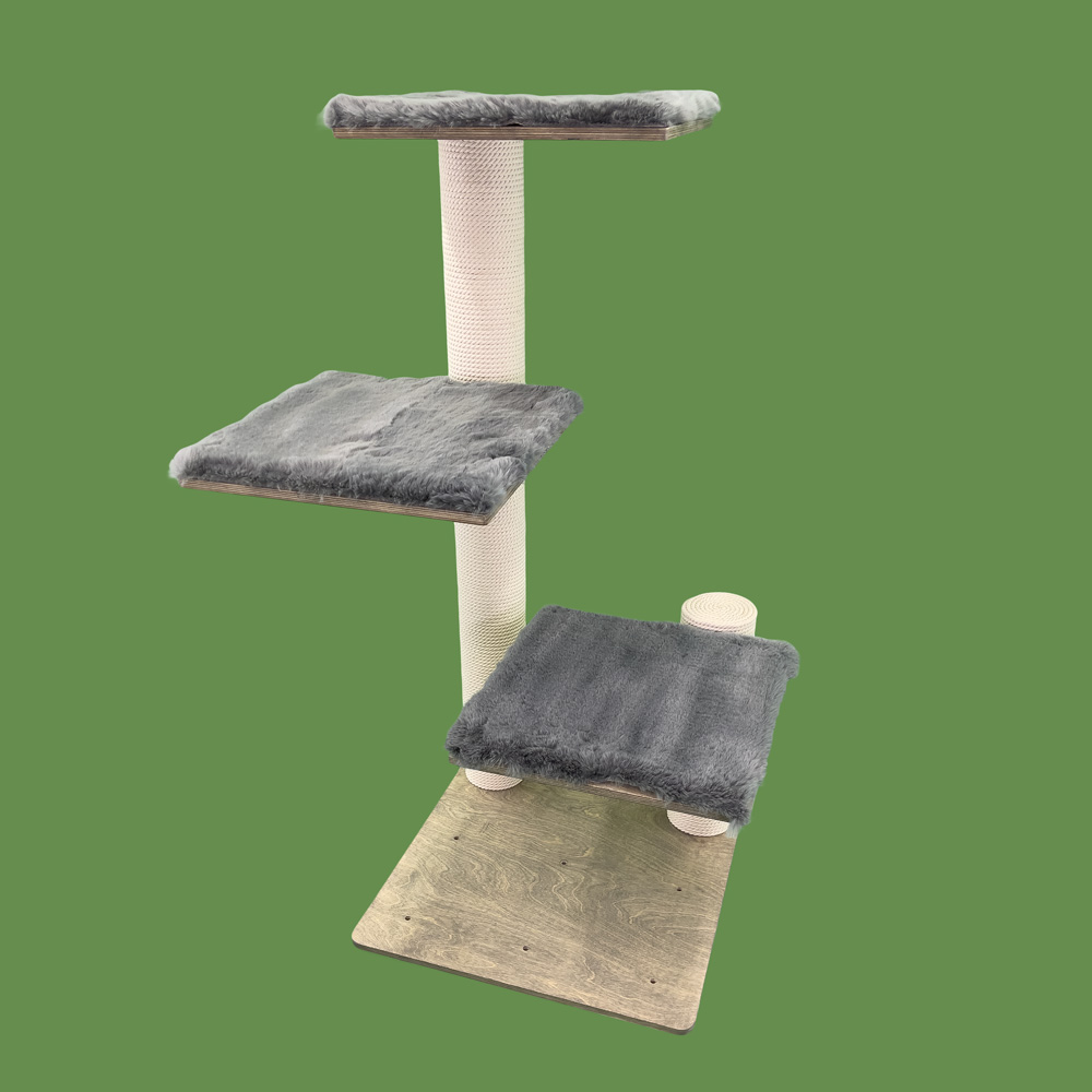 Kikska cat tree with natural wood and soft fur in a modern living room
