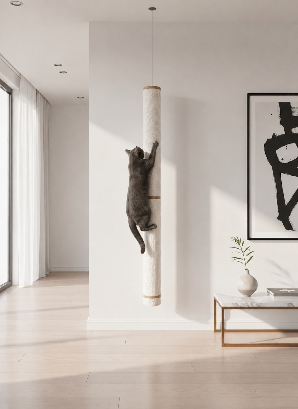 Hanging cat scratching post on a steel cable in a minimal white room