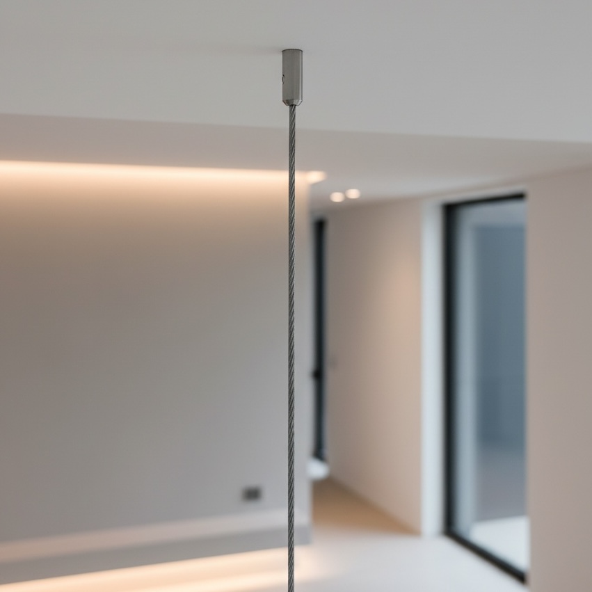 Hanging scratching post on a slim cable in an empty modern room