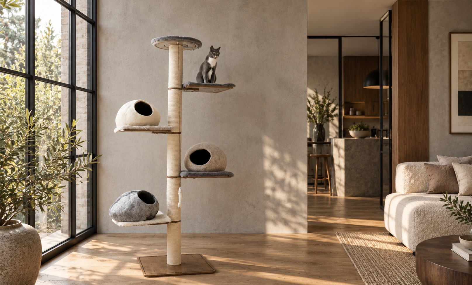 Tall Kikska cat tree with wool caves and a grey cat on the top platform in a bright white room