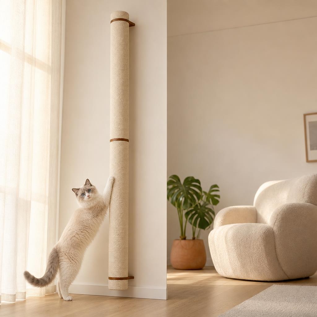 Cat stretching up a tall wall-mounted rope scratching post in a bright living room