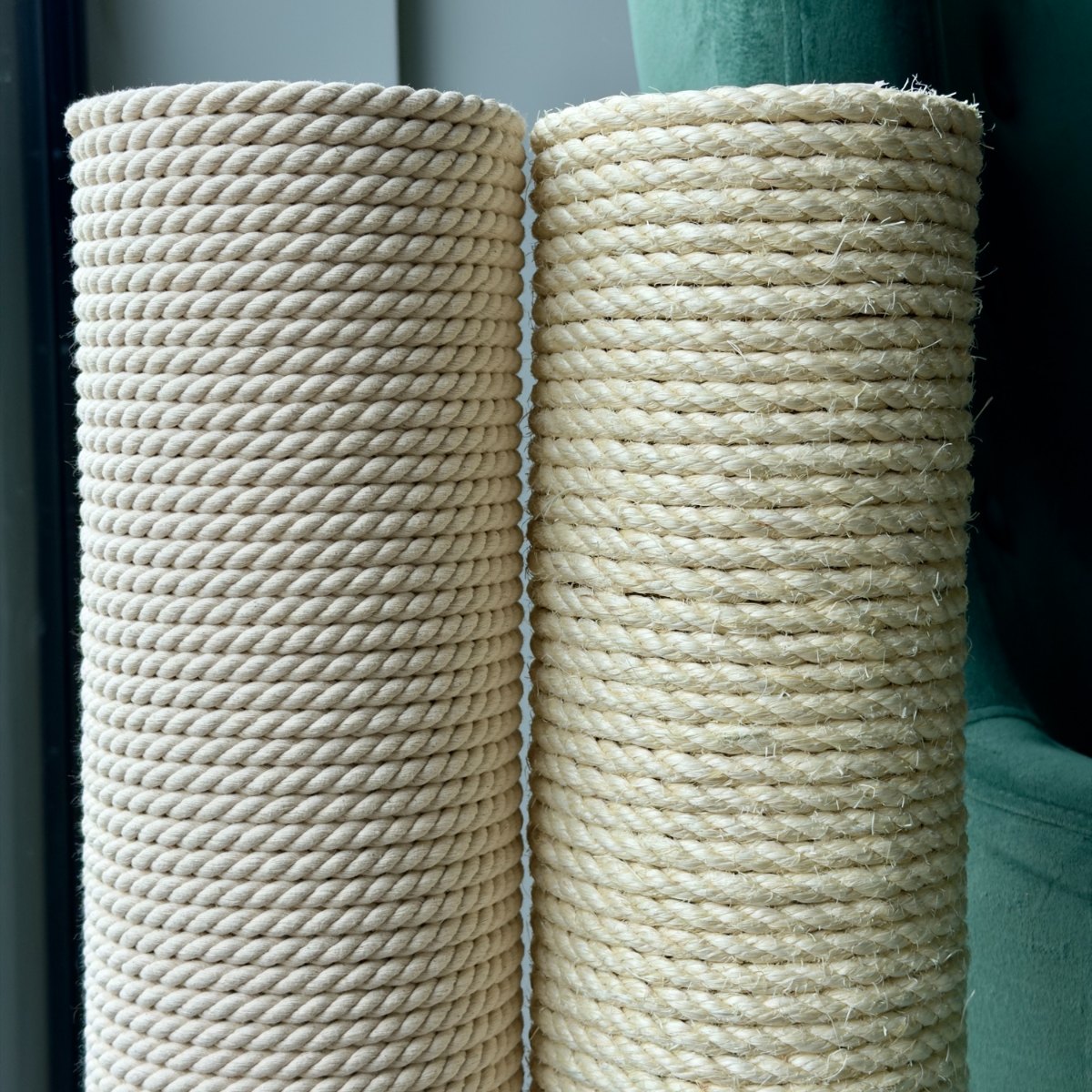Cotton rope and sisal rope scratching posts side by side