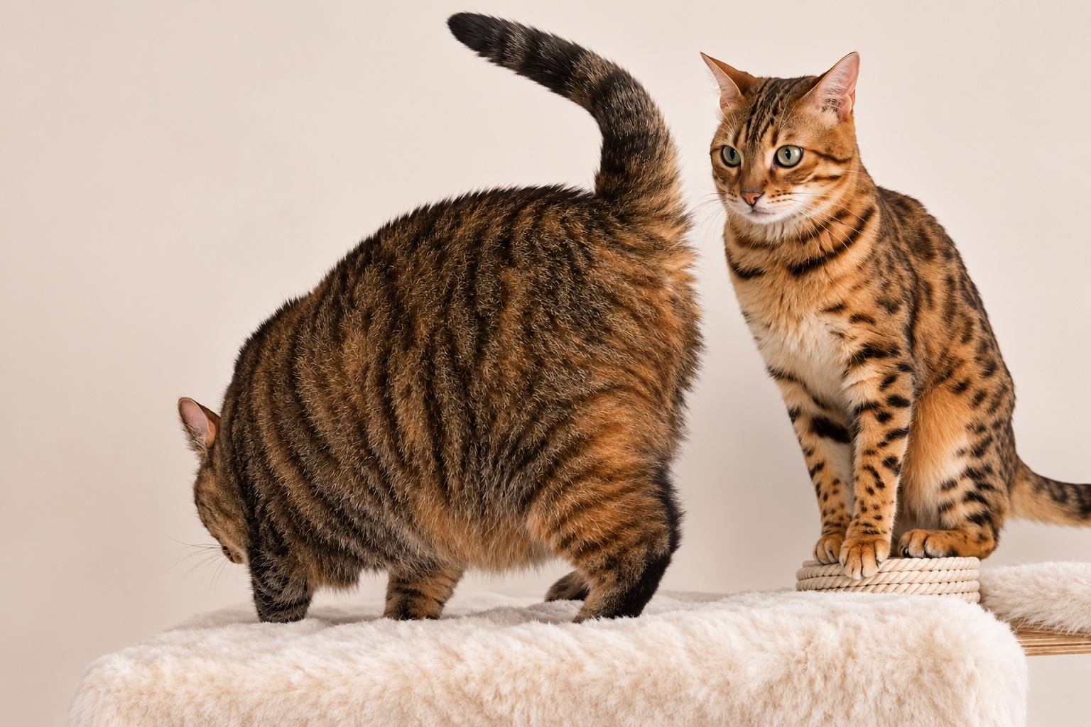 A large tabby cat and a Bengal cat on a faux-fur cat tree platform