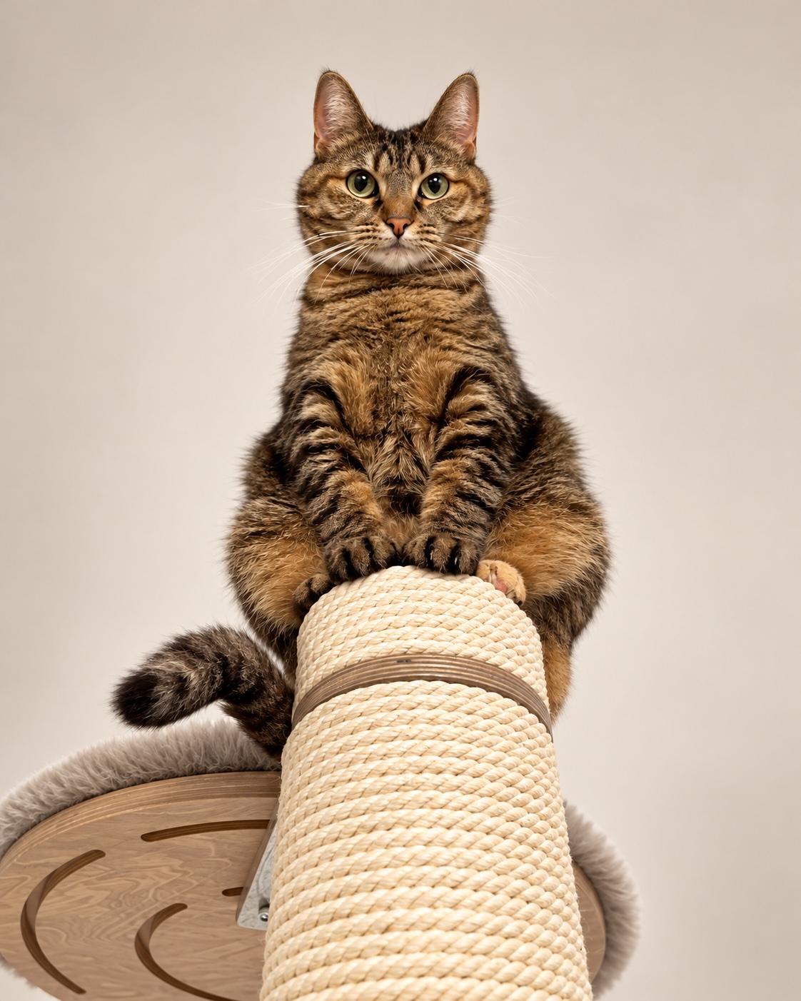 Large tabby cat sitting on top of a thick rope-wrapped Kikska scratching post