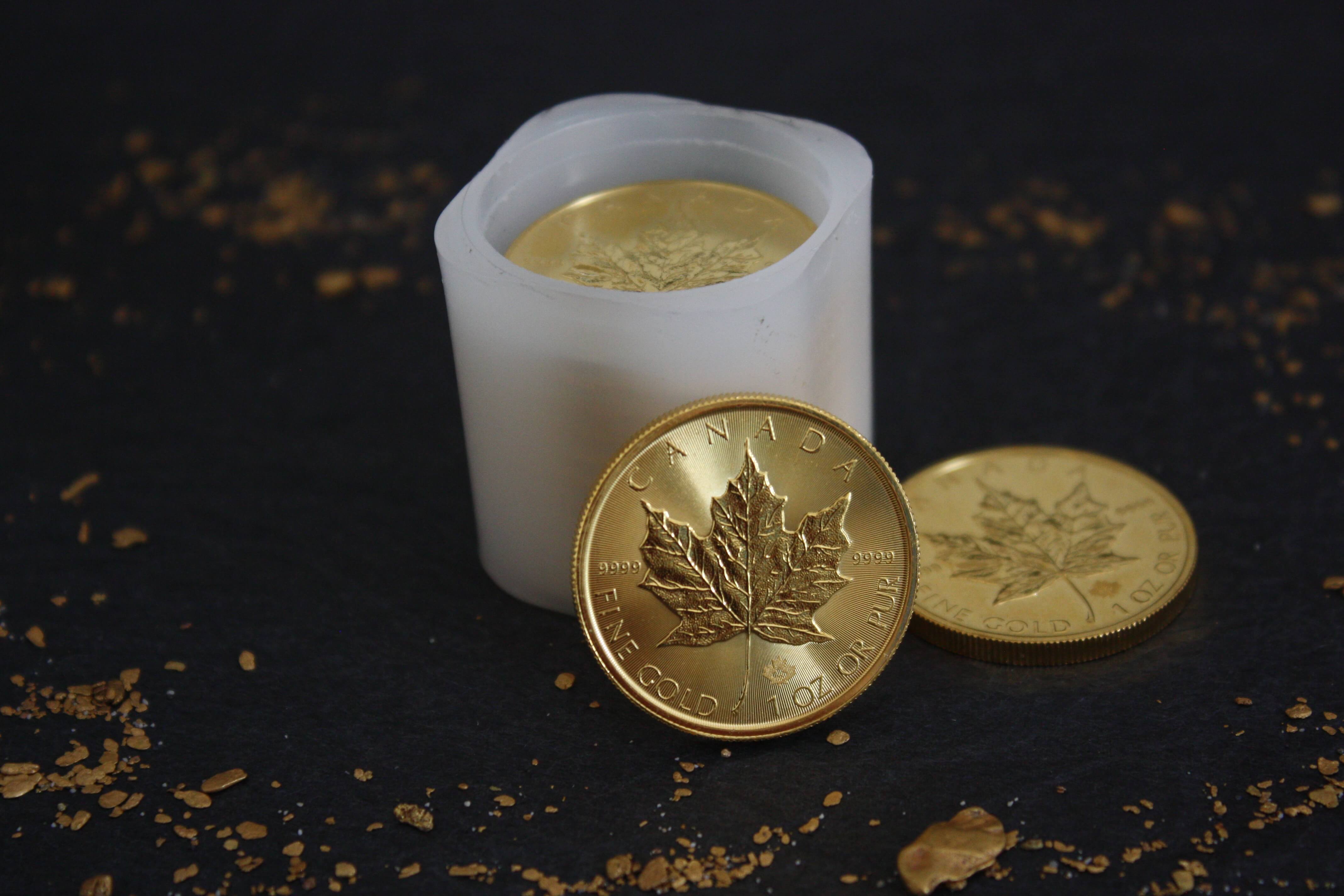 Canadian gold coins featuring a maple leaf design, with one coin inside a white cylindrical container and two coins placed on a dark surface with gold flakes scattered around updated.