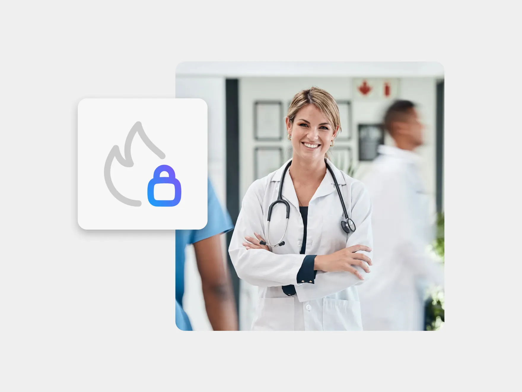 UI-Elemente bestehend aus einem Bild mit einer Doktorin und einem schwebenden Feuer-Icon