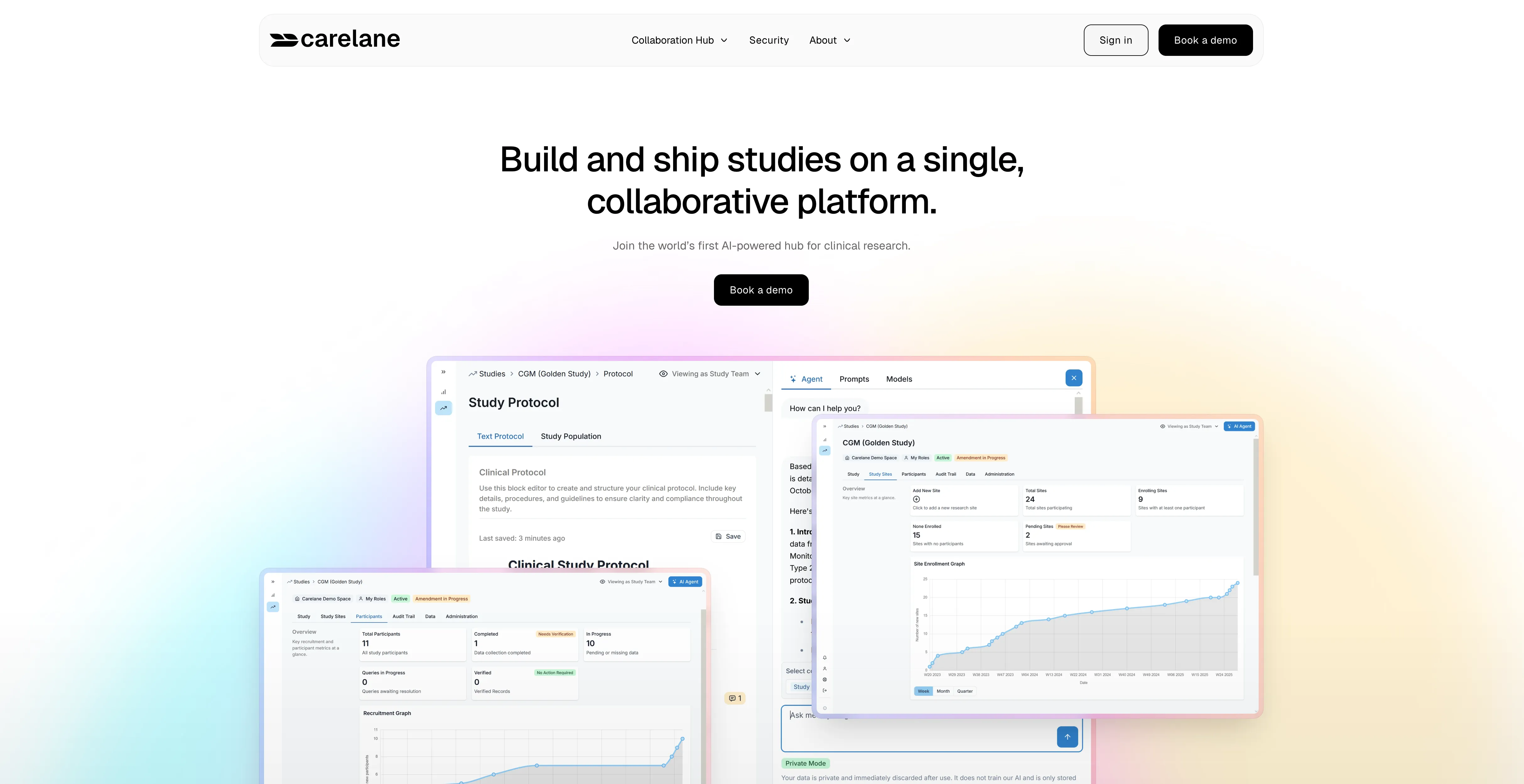 Screenshot einer Website mit Überschrift und drei überlappenden UI‑Fenstern auf pastellfarbenem Verlauf.