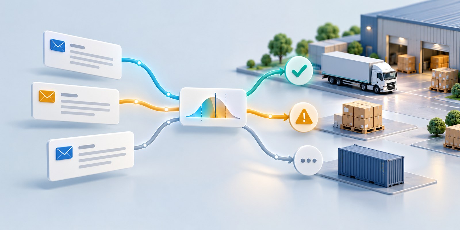 Supplier emails flowing through a probability model and routed to a confirmed, warning or pending status, with a warehouse and truck in the background