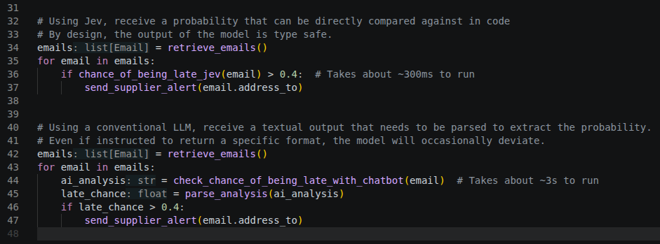 Code comparison: with Jev the probability is returned as a typed value and compared directly; with a conventional LLM the text output must be parsed first