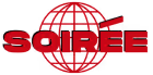 Red SOIREE text over a red globe symbol with horizontal arrow crossing the globe.