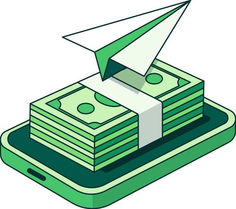 Papel avión despegando desde un paquete de billetes sobre un teléfono móvil.