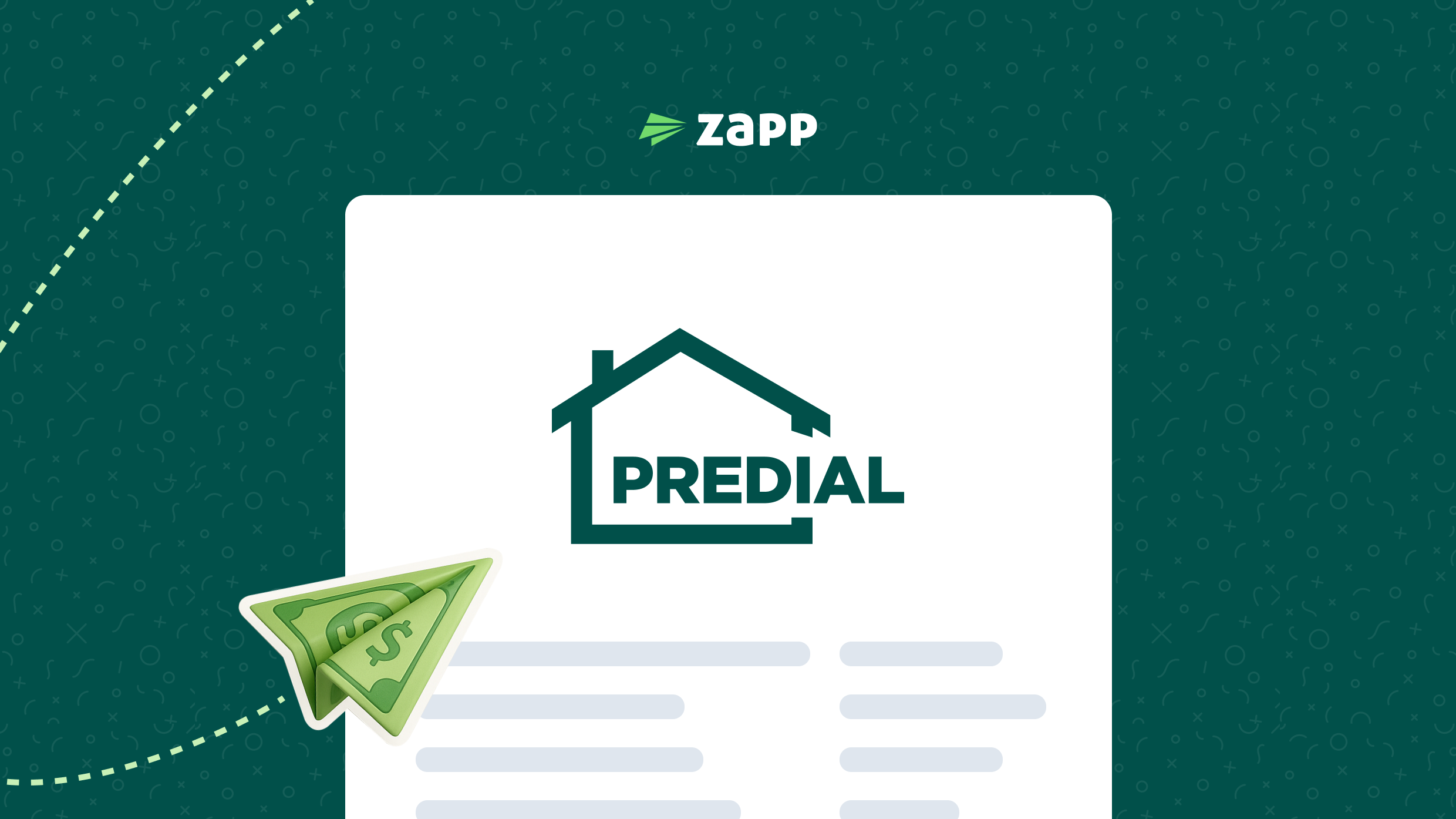 Ilustración del logo de Zapp y un documento de predial con un ícono de dinero, representando el pago del impuesto predial desde Estados Unidos.