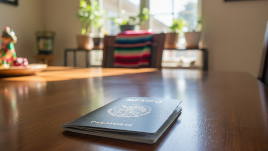 Imagen que ilustra el artículo: ¿Puedo salir de Estados Unidos sin pasaporte si soy mexicano? Plano cercano y horizontal de la cubierta de un pasaporte mexicano de color verde oscuro sobre una mesa de madera. 