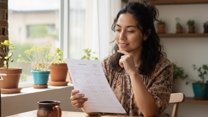 Imagen que ilustra el artículo: ¿Cuál es el número de cuenta de una tarjeta de débito? Es una mujer mexicana joven, con cabello rizado oscuro y una blusa estampada, sentada en una mesa de madera. Sostiene un estado de cuenta en sus manos.