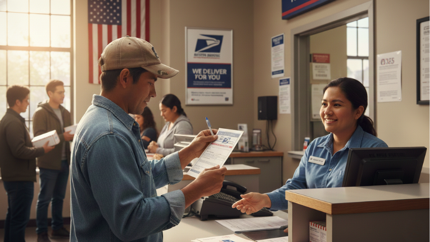 Imagen que ilustra el artículo: Enviar dinero por giro postal: ¿Cómo funciona en 2025? Un hombre con gorra y camisa de mezclilla está de pie en el mostrador de una oficina de correos de Estados Unidos, entregando o llenando un documento de giro postal. 