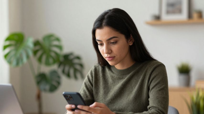 Mujer frente a un teléfono, sentada. Imagen sobre cómo mandar dinero a Guatemala gratis