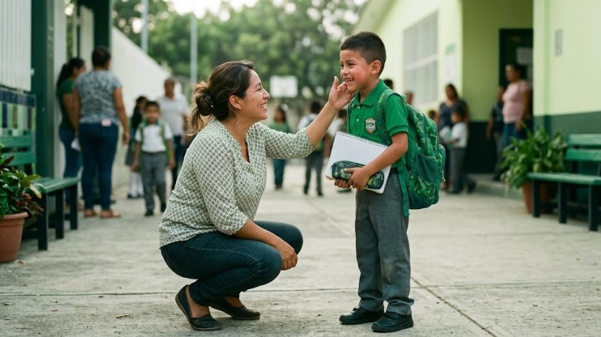 Una mujer se despide de su hijo en la escuela. Foto alusiva al sondeo de envío de dinero a México por el regreso a clases 2026