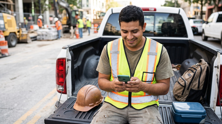 Un trabajador de la construcción con su celular en la mano, ilustrando formas seguras de enviar dinero a Guatemala con Zapp.