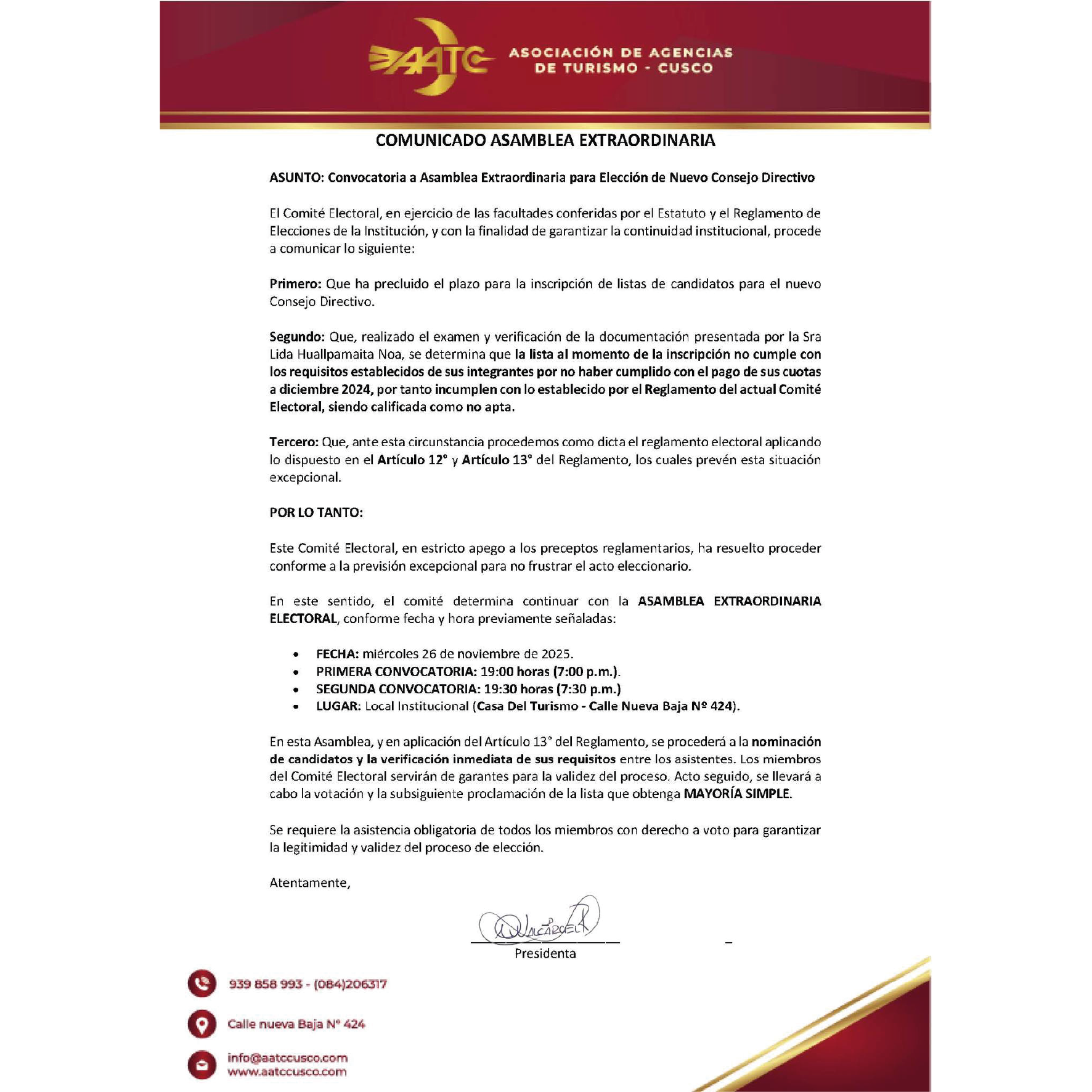 COMUNICADO ASAMBLEA EXTRAORDINARIA