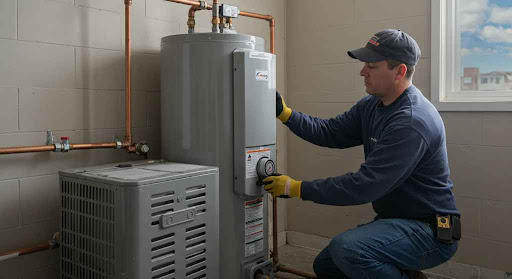 Man adjusting water heater control panel.