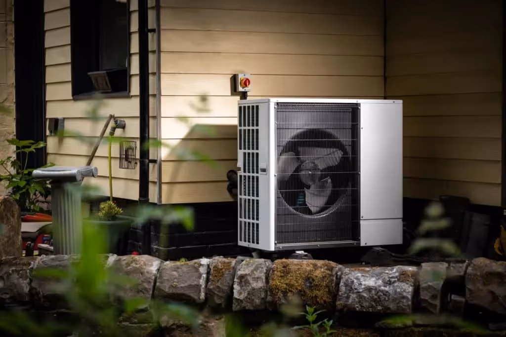 A white, boxy air source heat pump unit with a visible fan sits outdoors against the tan siding of a house. The unit is positioned behind a low stone wall and is surrounded by some greenery.