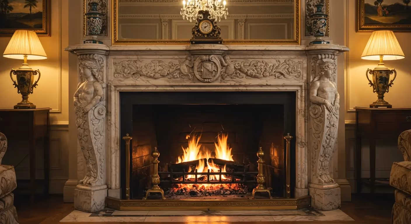  A grand and ornate fireplace, likely made of marble, dominates the center of the image. Its mantelpiece is intricately carved with classical figures and decorative motifs, and it is flanked by two large, fluted columns topped with busts. A fire burns brightly in the brass-framed grate, casting a warm glow. Above the mantel, a large mirror with a golden frame reflects a chandelier. On either side of the fireplace, matching table lamps with cream-colored shades sit on wooden side tables.