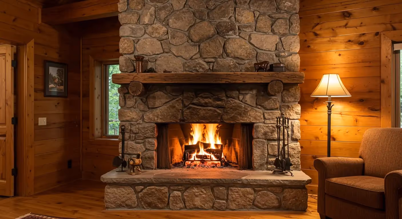 An indoor fireplace with a robust fire burning brightly, casting an orange glow. The fireplace itself is made of red brick, and it's framed by an ornate grey stone mantelpiece with carved details. To the left of the burning fire, there's a stack of neatly cut logs. A set of fireplace tools on a stand can be seen on the far left. The overall impression is one of warmth and coziness.