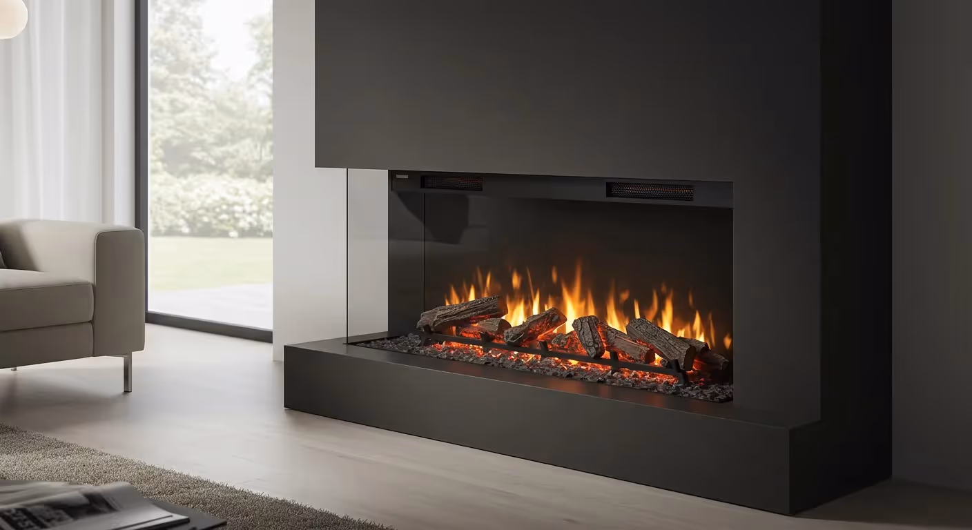  A sleek, modern electric fireplace with a dark gray or black minimalist design is positioned in the corner of a room. It features a realistic flame effect with glowing embers and artificial logs behind a clear glass panel. The design allows for a view of the flames from two sides. To the left, a light-colored armchair and a large window looking out onto a green outdoor area are visible. The room has light wooden flooring and a rug.