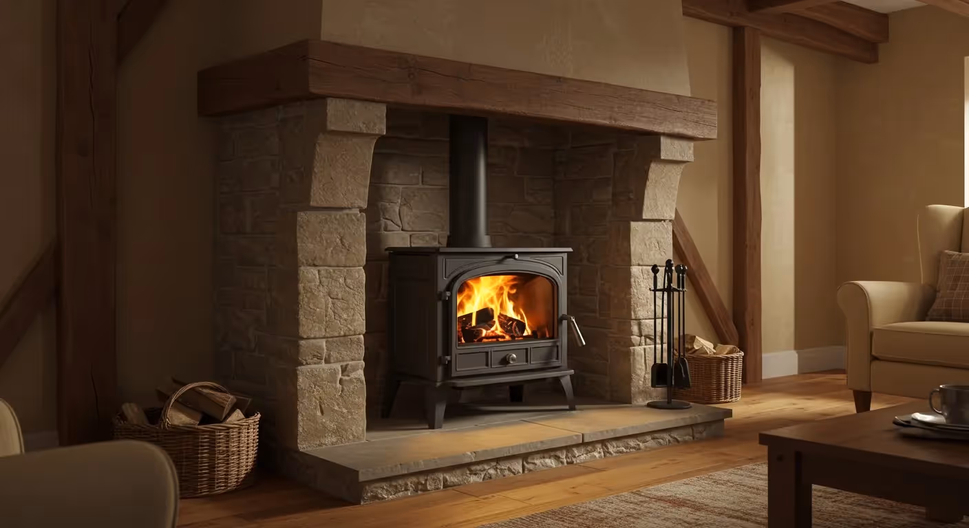 A cozy, rustic living room features a prominent stone fireplace with a large, rough-hewn wooden mantelpiece. A black wood-burning stove, with a visible fire burning inside, is situated within the fireplace opening. To the left of the fireplace, a woven basket holds firewood, and a set of black fireplace tools stands to the right. The room has light-colored walls, wooden flooring, and exposed wooden beams on the ceiling. A light-colored armchair and a wooden coffee table are partially visible on the right.
