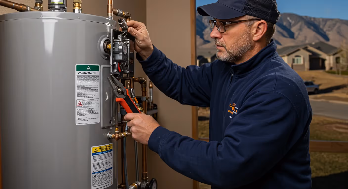 Man adjusting water heater, outdoor backdrop.