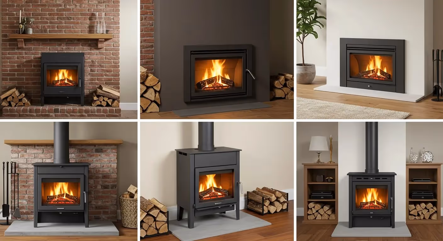 A collage of six images, each showcasing a different style of fireplace insert or wood-burning stove with a visible fire inside.