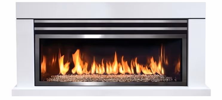 A modern gas fireplace with a white mantel and surround is shown against a plain white background. The firebox features bright, dancing orange flames over a bed of sparkling, clear glass media. Above the firebox, there are three horizontal black vents with silver accents.