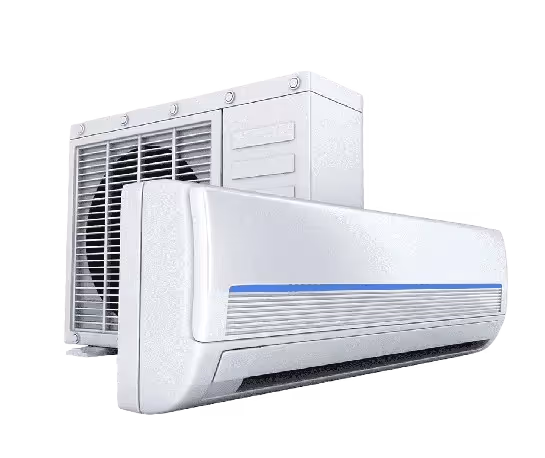 A white mini-split air conditioning system, showing both the indoor unit with a blue accent stripe and the outdoor compressor unit, on a black background.