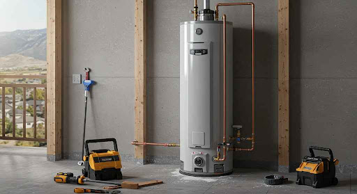 Large water heater, tools, balcony setting.