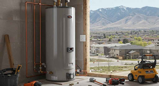 Large water heater, mountain view, tools.