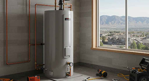 Large water heater, tools, mountain view.