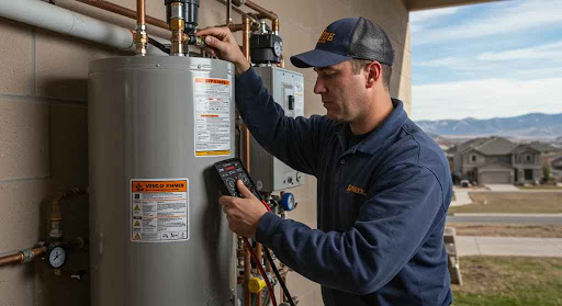 Man inspecting water heater with meter.
